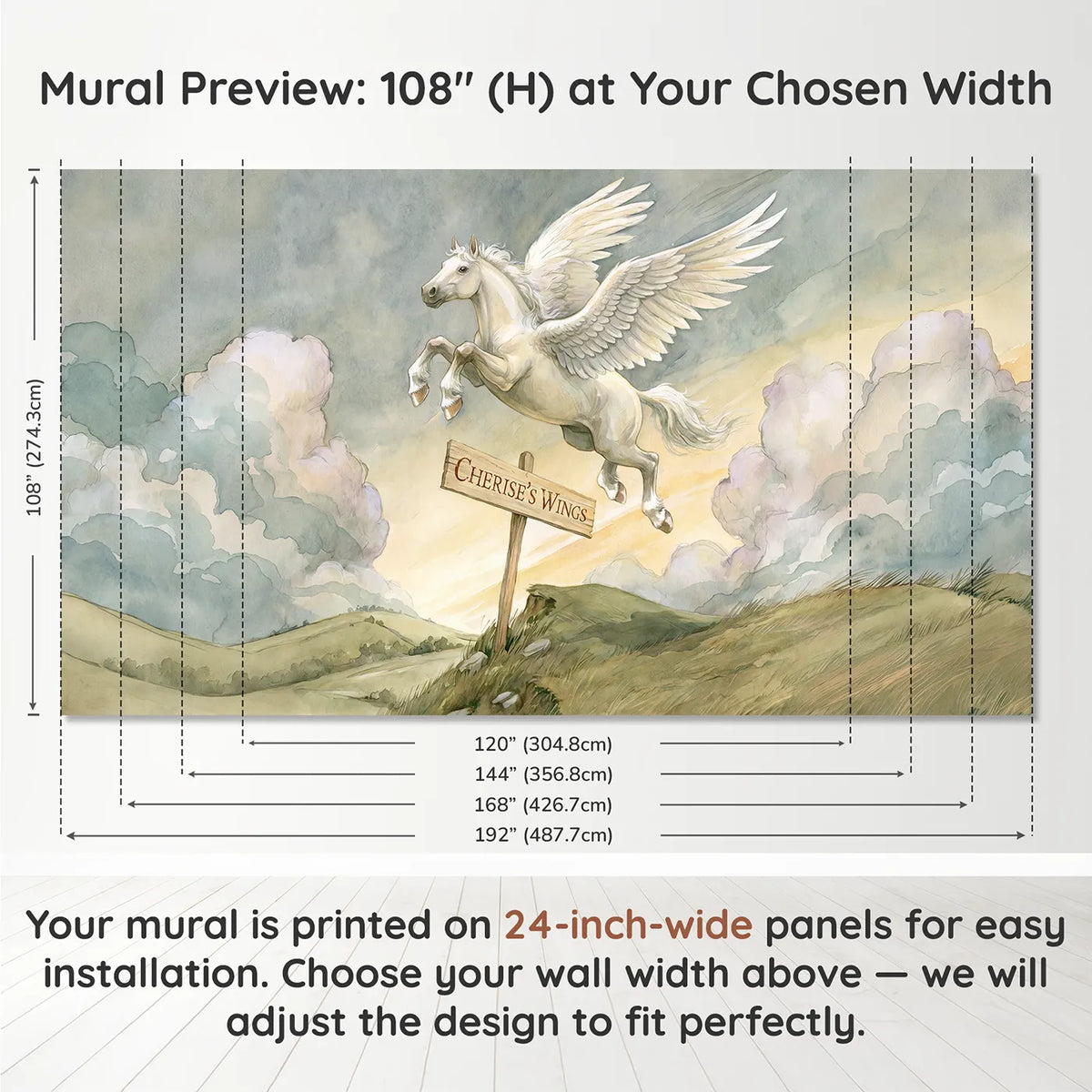 Panel layout and dimensions for Gentle Pegasus Sky Personalized Wall Mural by Whimsy Tots