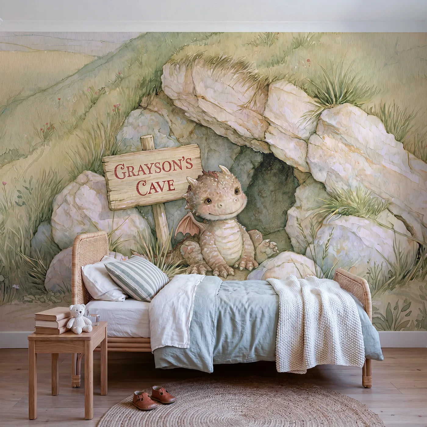 Storybook baby dragon at a named cave den, big-kid bedroom mural by Whimsy Tots