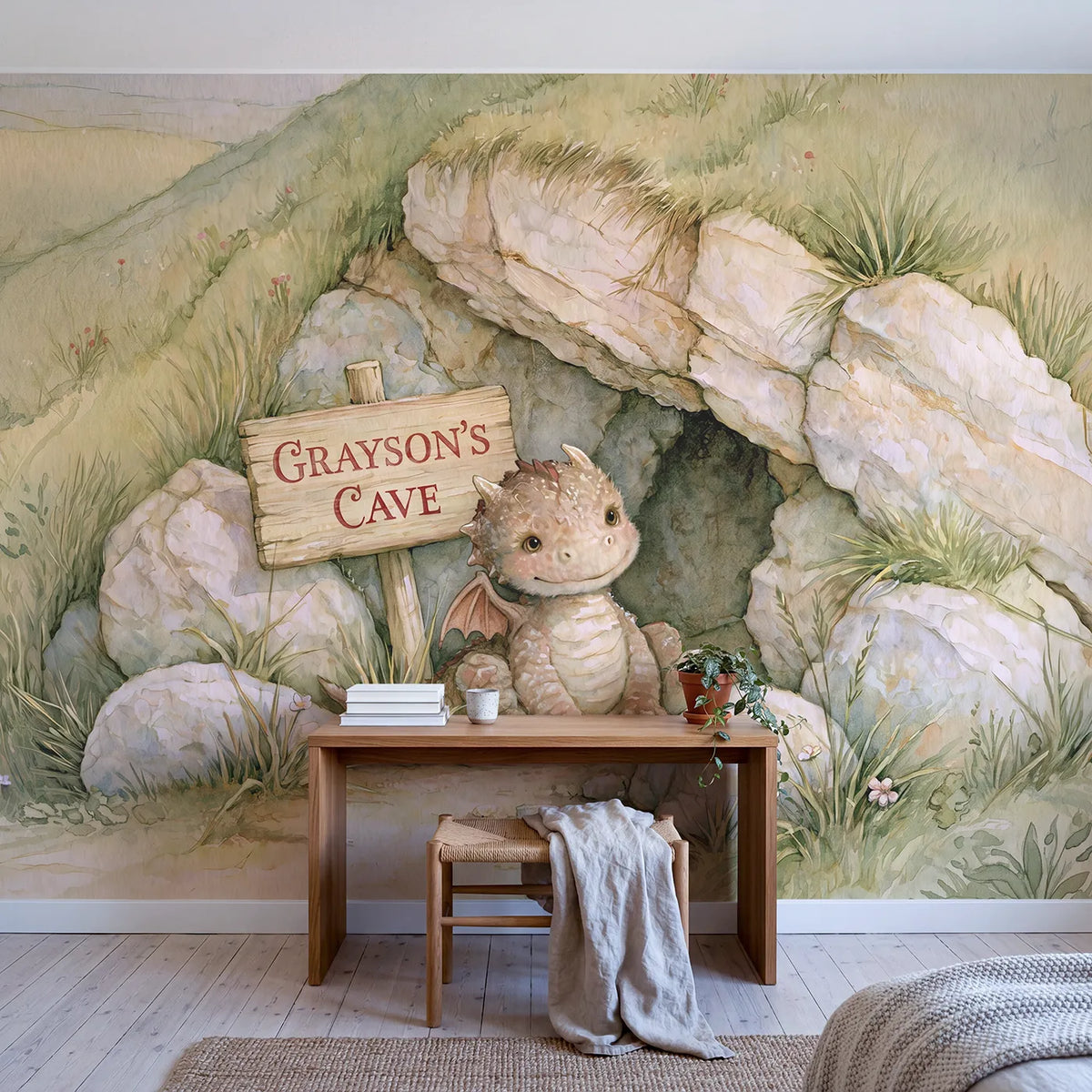 Friendly Baby Dragon Personalized Wall Mural in playroom setting by Whimsy Tots