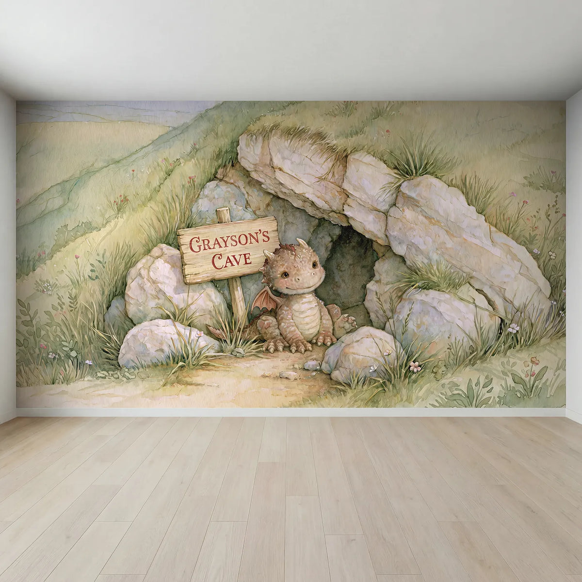 Full view of Friendly Baby Dragon Personalized Wall Mural by Whimsy Tots