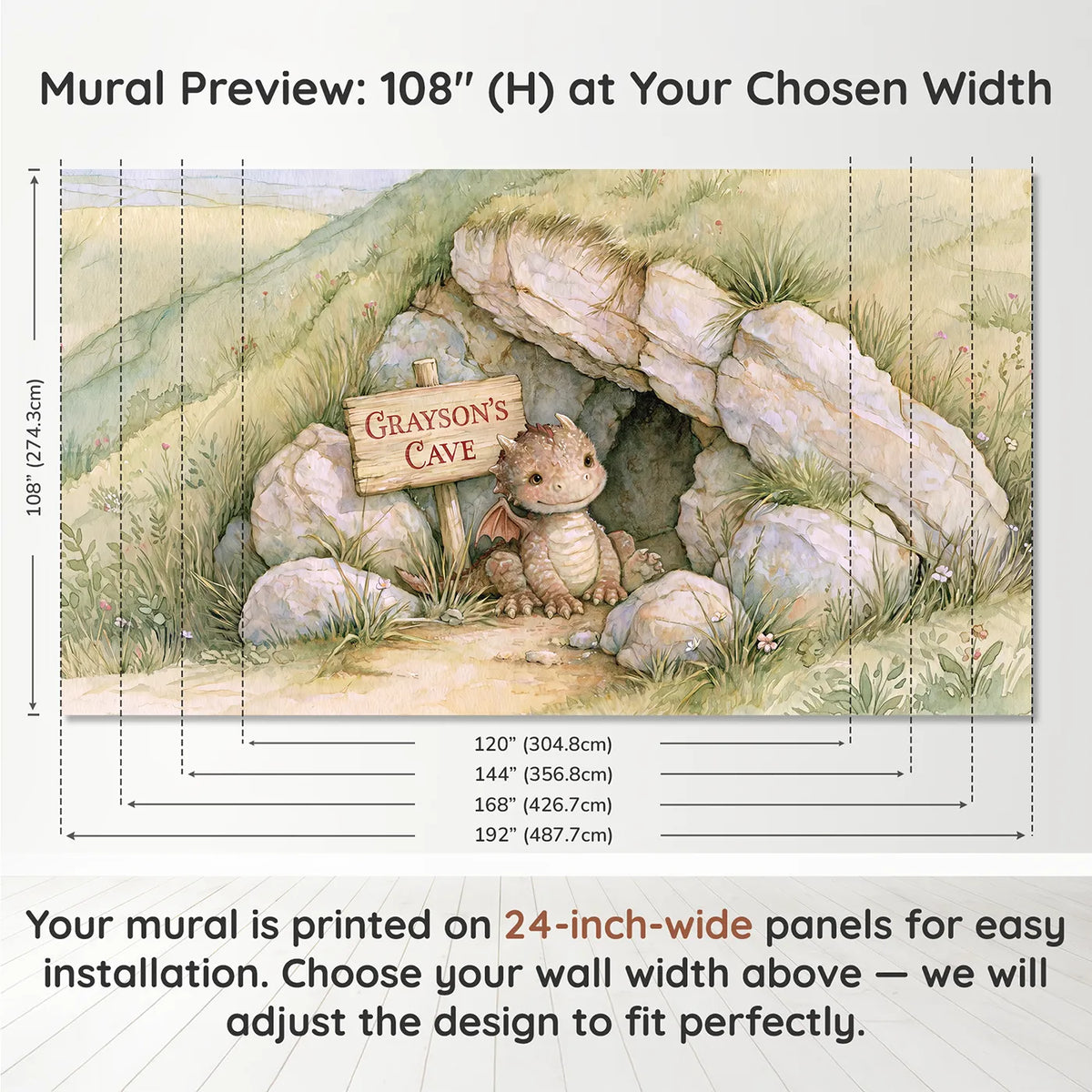 Panel layout and dimensions for Friendly Baby Dragon Personalized Wall Mural by Whimsy Tots