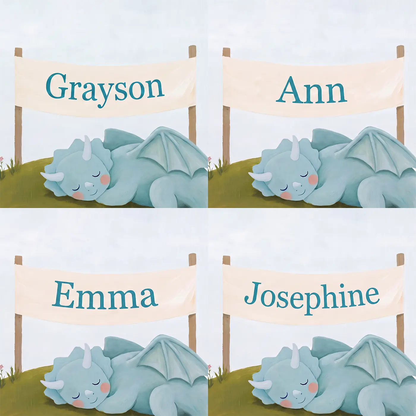 Four name preview examples of Cheerful Dragon Hill Personalized Wall Mural by Whimsy Tots