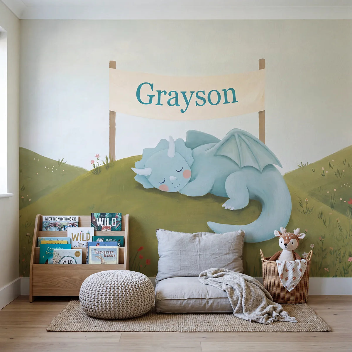 Cheerful Dragon Hill Personalized Wall Mural in playroom setting by Whimsy Tots