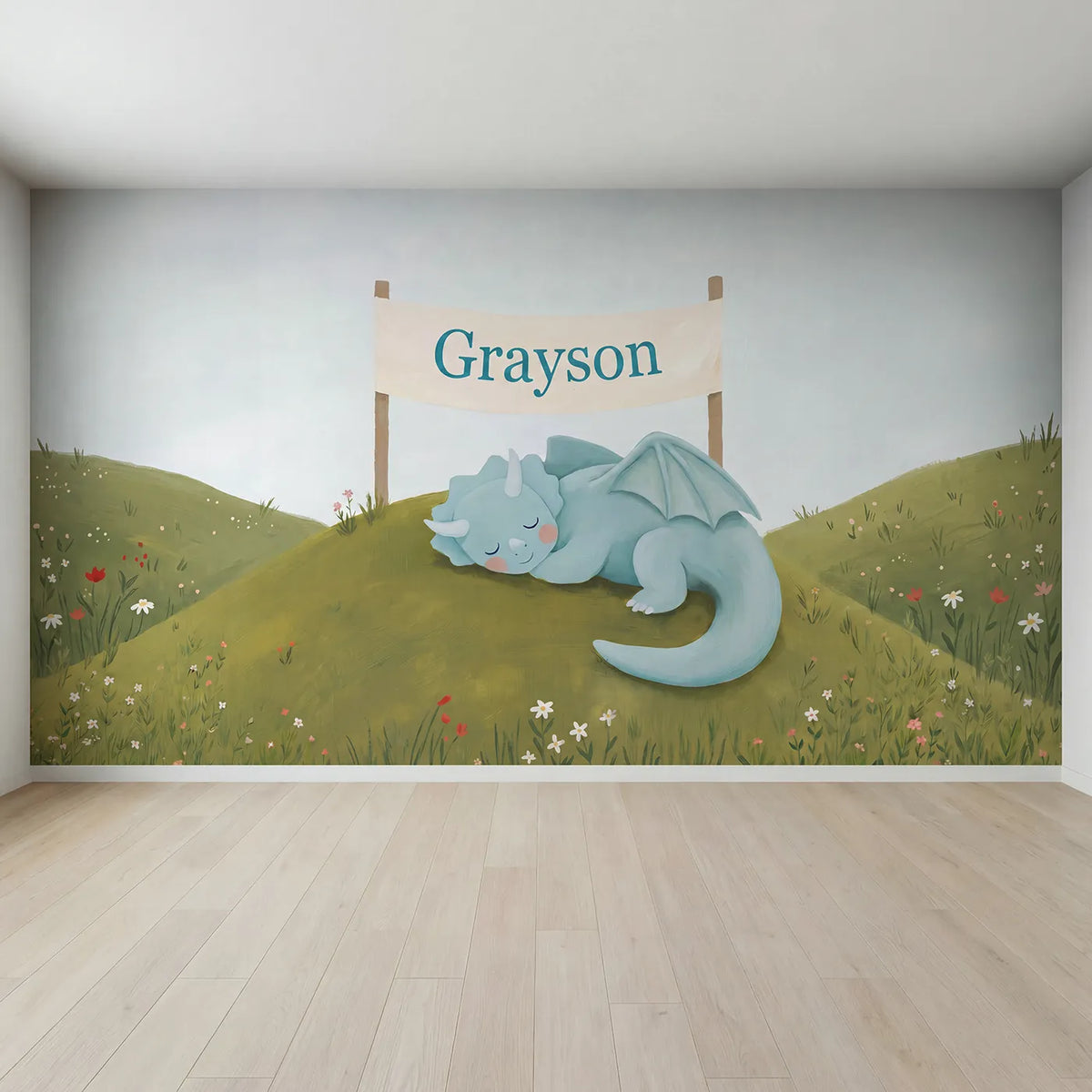 Full view of Cheerful Dragon Hill Personalized Wall Mural by Whimsy Tots