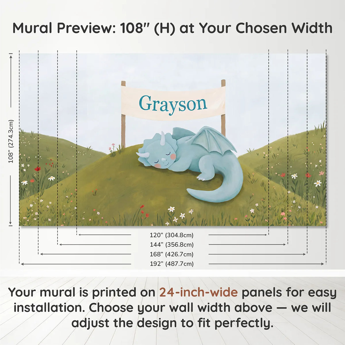 Panel layout and dimensions for Cheerful Dragon Hill Personalized Wall Mural by Whimsy Tots