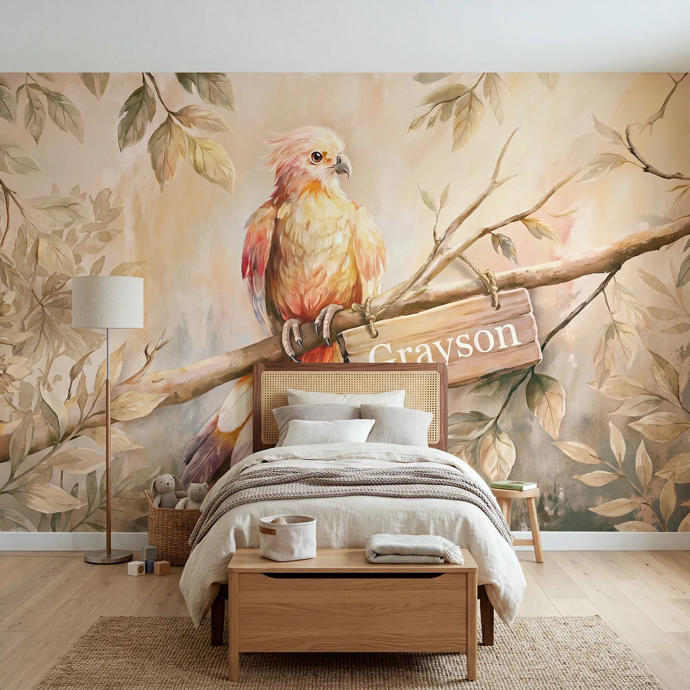 Watercolor glowing phoenix on a branch with a wood name sign, big-kid bedroom mural by Whimsy Tots