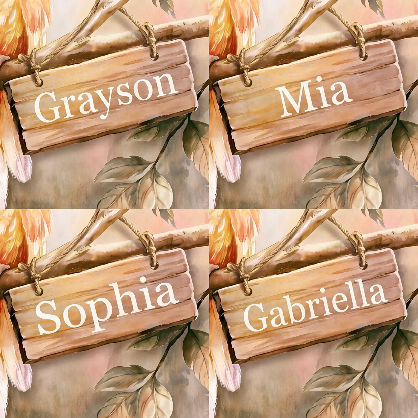 Four name preview examples of Gentle Glowing Phoenix Personalized Wall Mural by Whimsy Tots