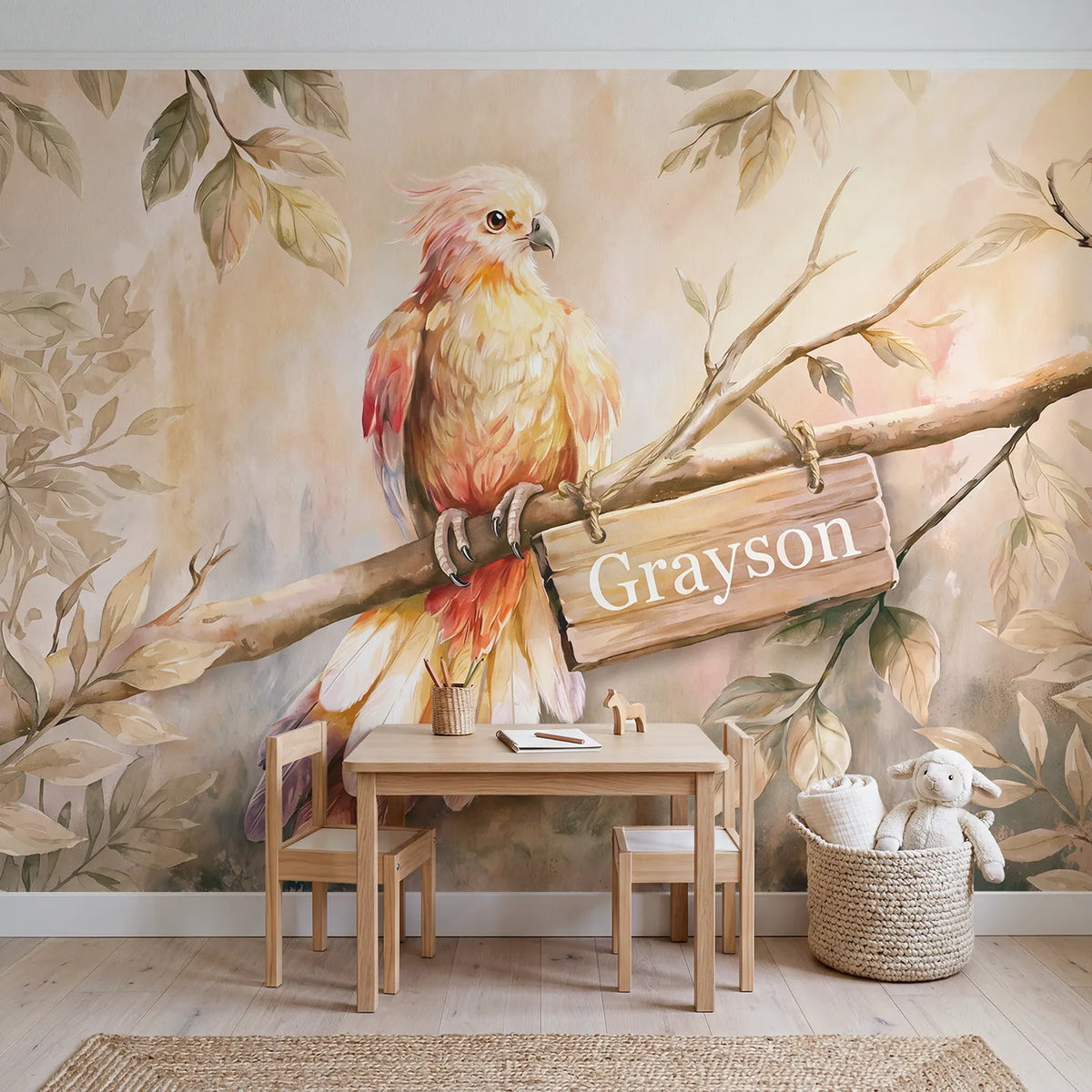 Gentle Glowing Phoenix Personalized Wall Mural in playroom setting by Whimsy Tots