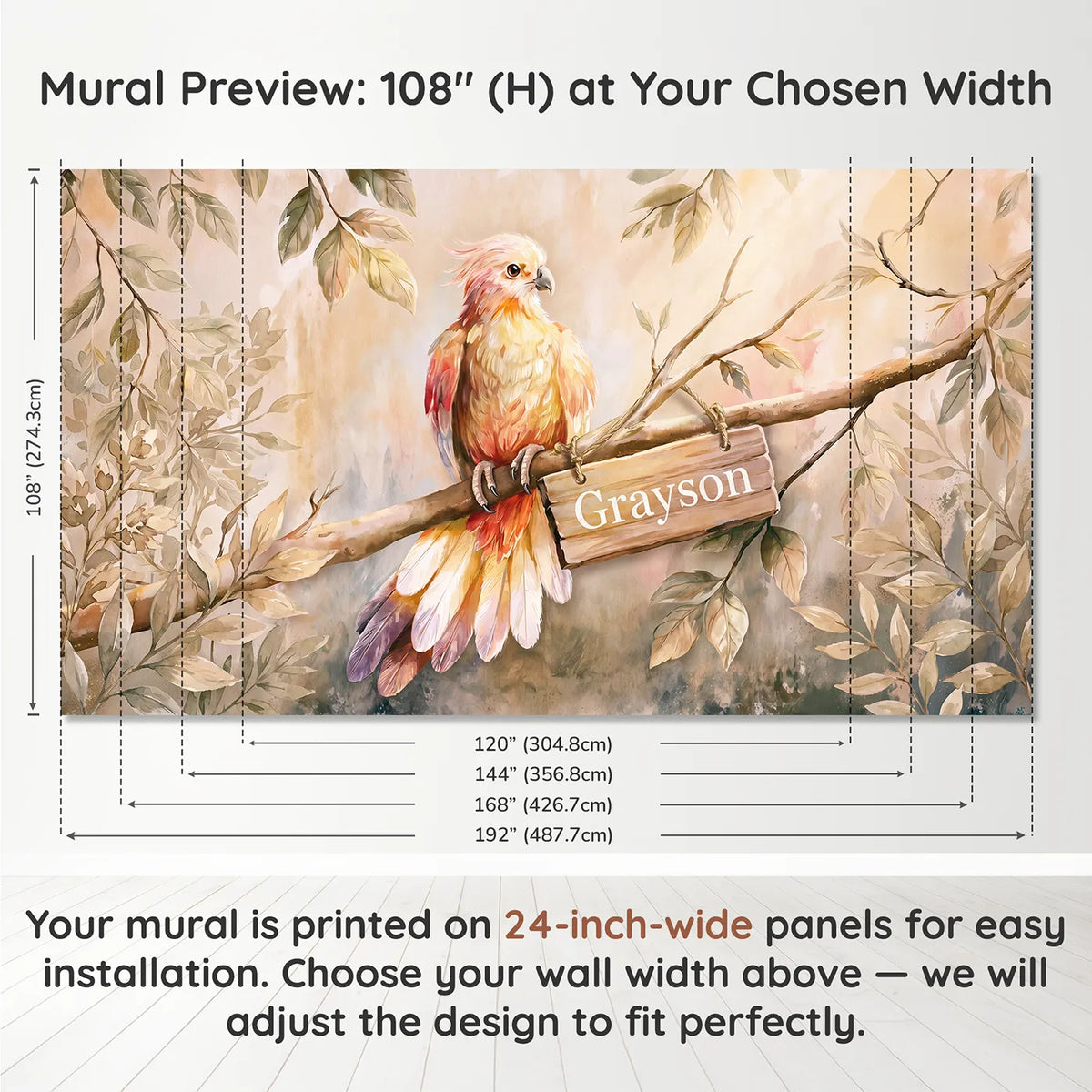 Panel layout and dimensions for Gentle Glowing Phoenix Personalized Wall Mural by Whimsy Tots