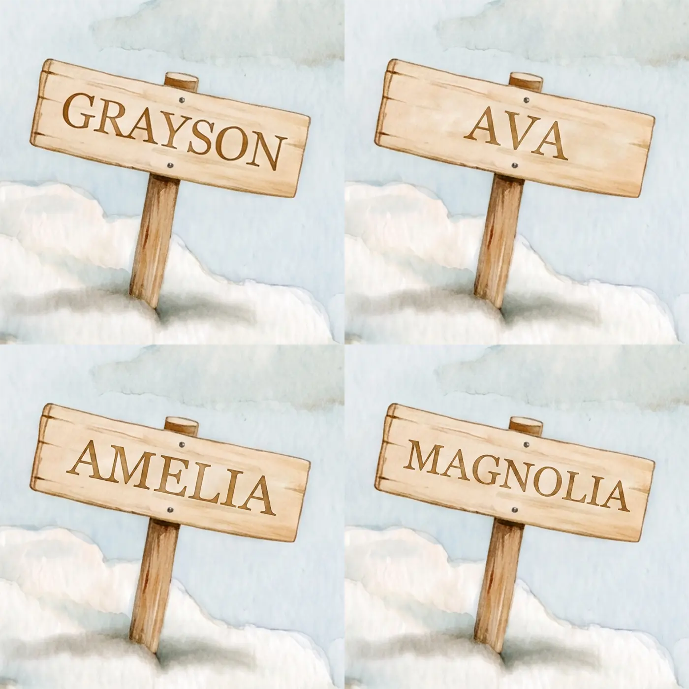 Four name preview examples of Cloud Unicorn Dream Personalized Wall Mural by Whimsy Tots