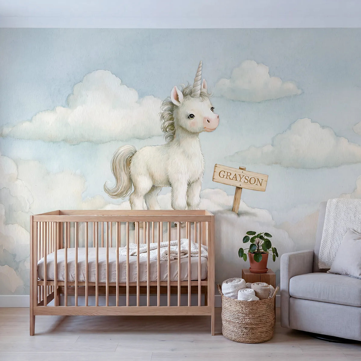 Cloud Unicorn Dream Personalized Wall Mural in playroom setting by Whimsy Tots
