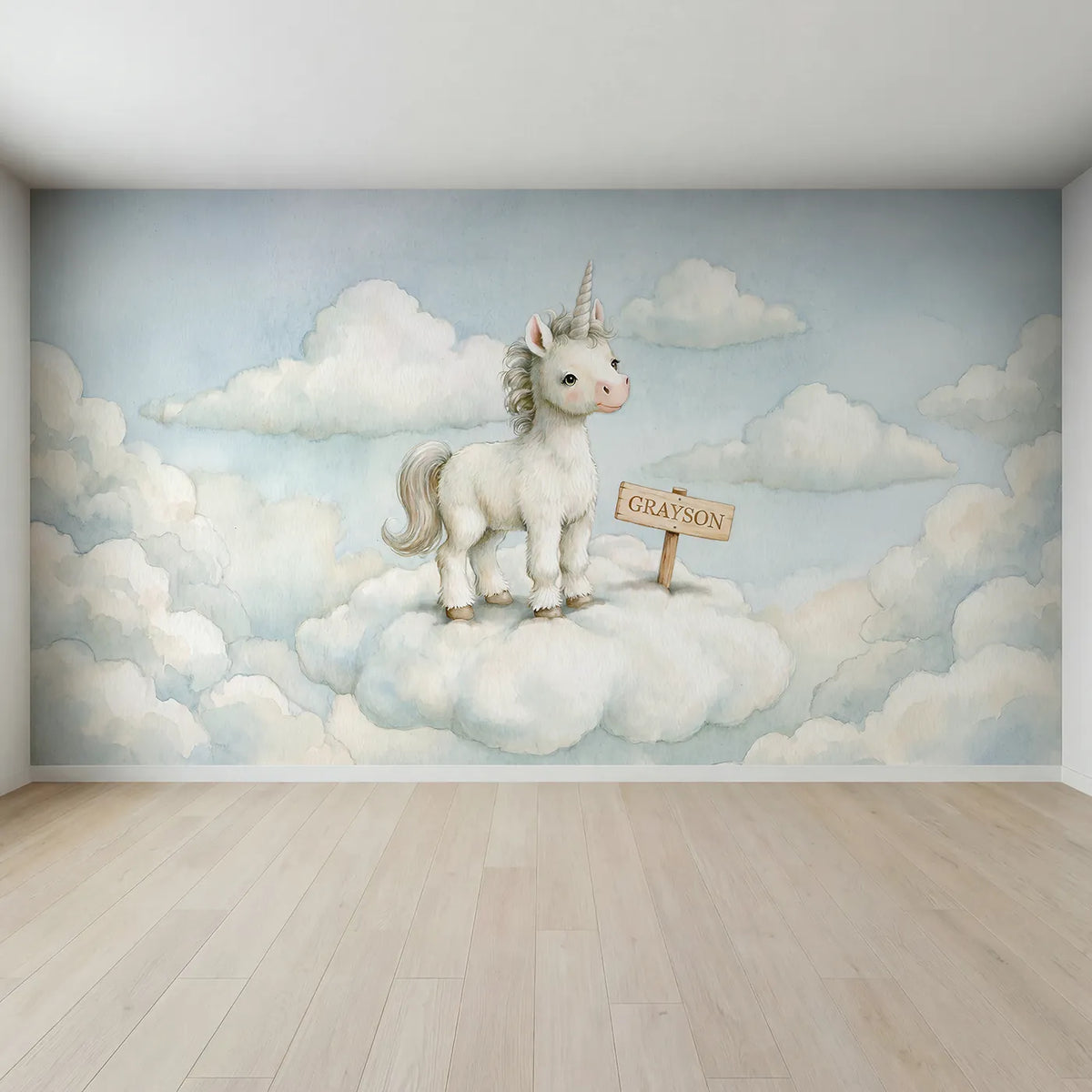 Full view of Cloud Unicorn Dream Personalized Wall Mural by Whimsy Tots