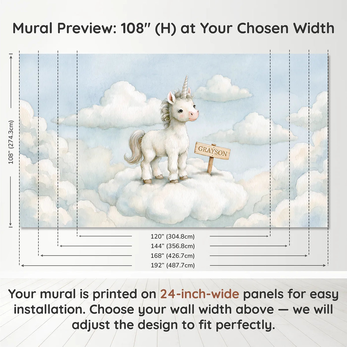 Panel layout and dimensions for Cloud Unicorn Dream Personalized Wall Mural by Whimsy Tots