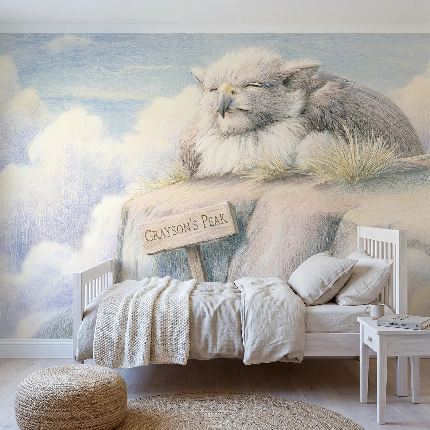 Colored pencil griffin on a ledge with a peak name sign, big-kid bedroom mural by Whimsy Tots