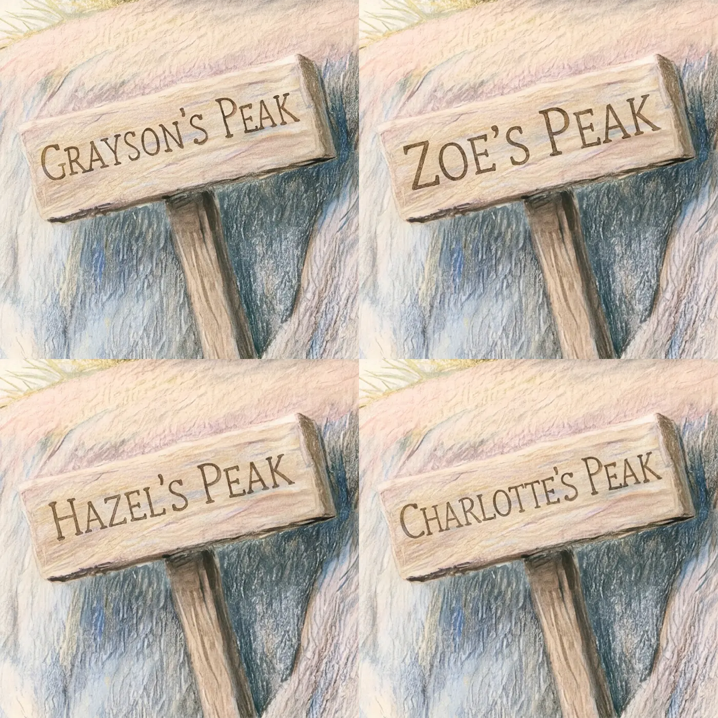 Four name preview examples of Friendly Mountain Griffin Personalized Wall Mural by Whimsy Tots