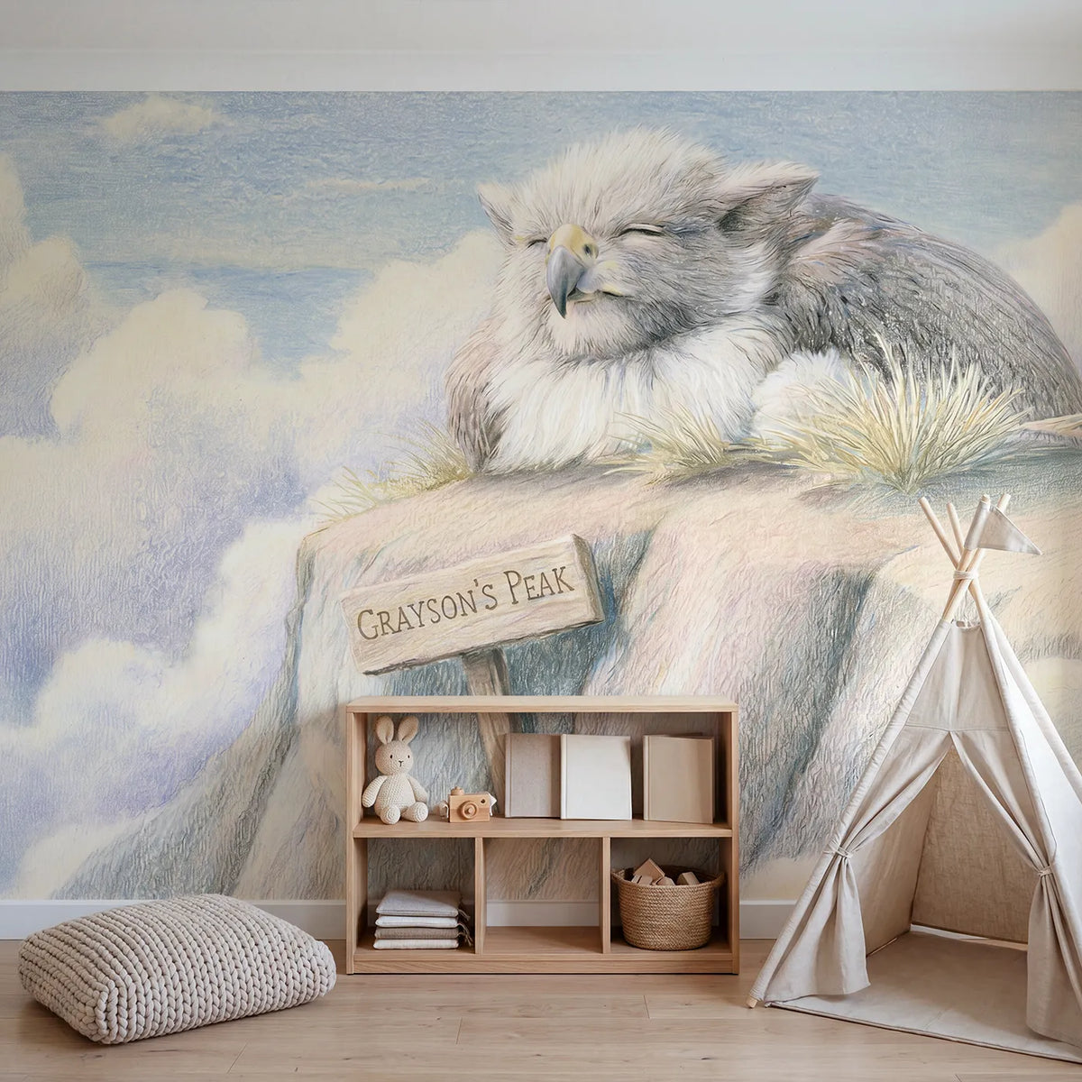Friendly Mountain Griffin Personalized Wall Mural in playroom setting by Whimsy Tots