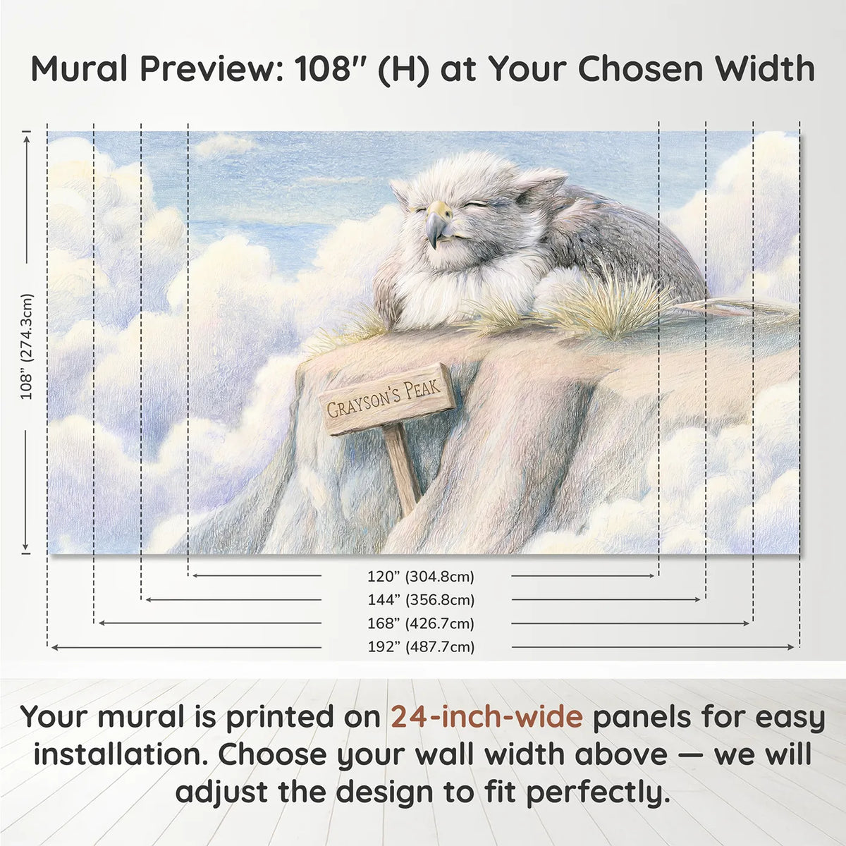 Panel layout and dimensions for Friendly Mountain Griffin Personalized Wall Mural by Whimsy Tots
