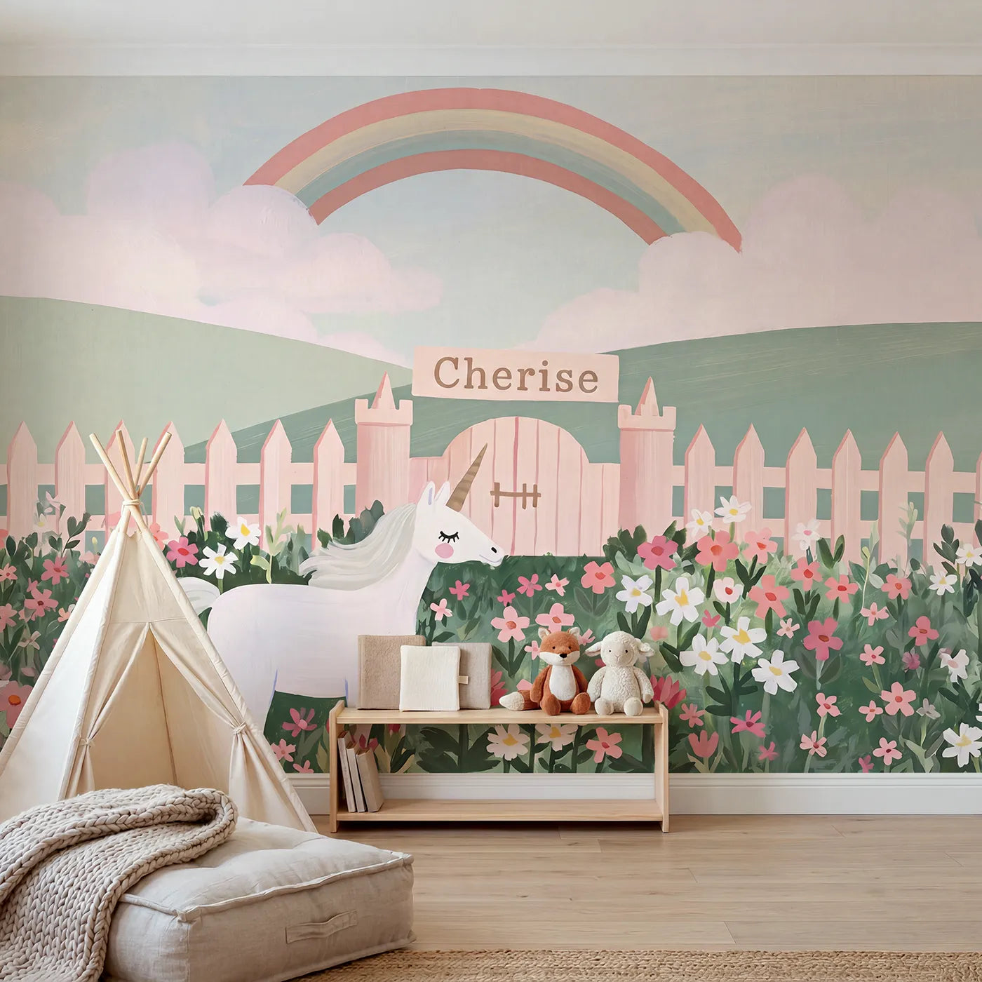 Modern illustration unicorn by a bright gate with a name sign, playroom mural by Whimsy Tots