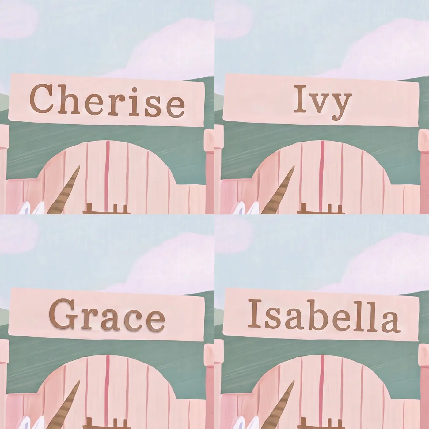 Four name preview examples of Magical Fantasy Realm Personalized Wall Mural by Whimsy Tots
