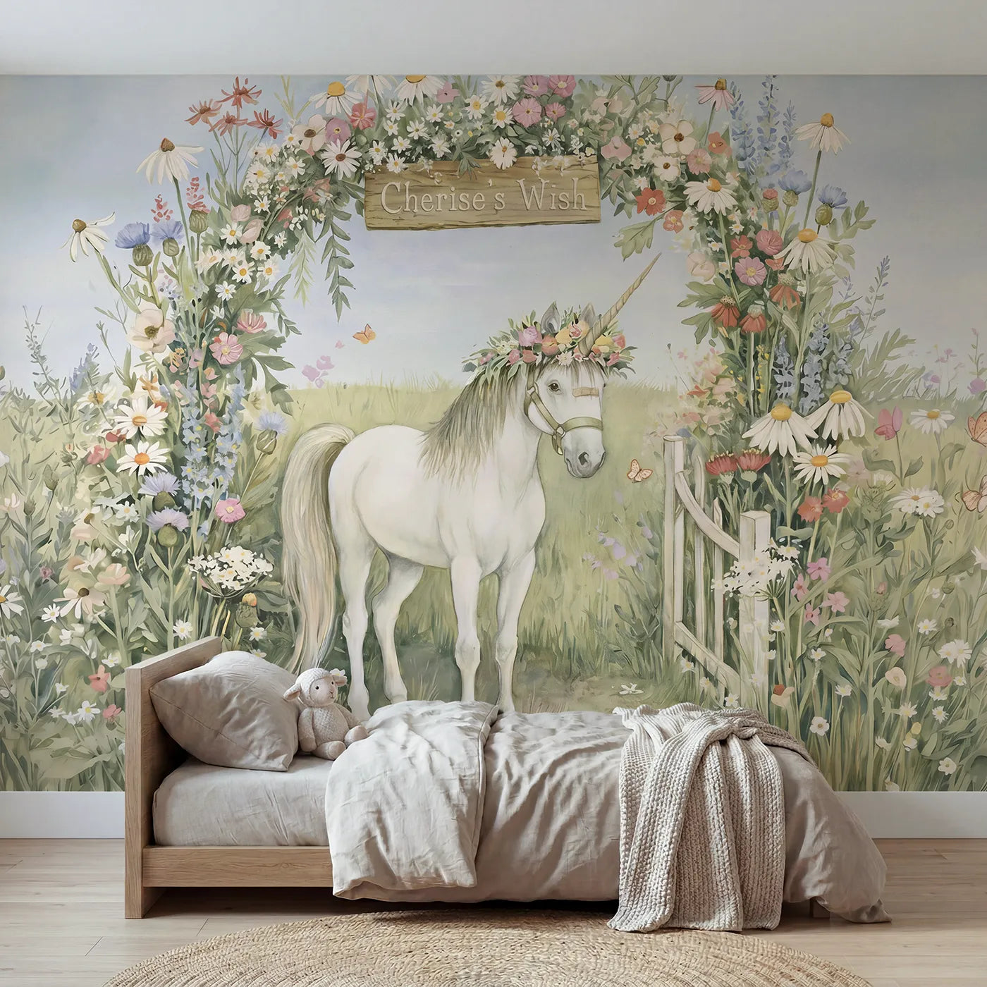 Storybook unicorn flower crown personalized wall mural with personalized name for a kids room by Whimsy Tots