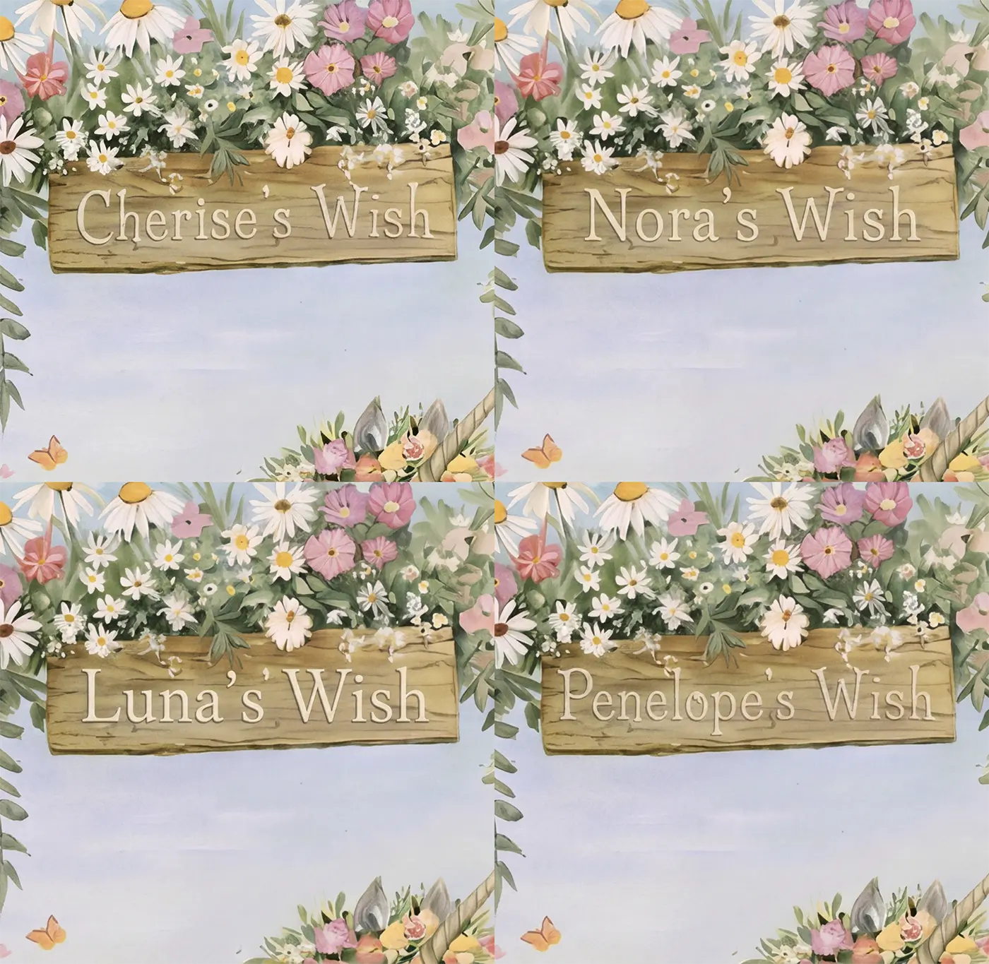 Four name preview examples of Unicorn Flower Crown Personalized Wall Mural by Whimsy Tots