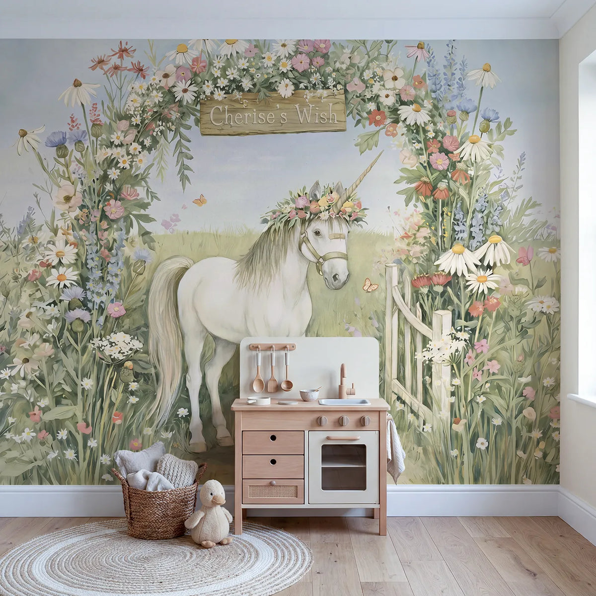 Unicorn Flower Crown Personalized Wall Mural in playroom setting by Whimsy Tots