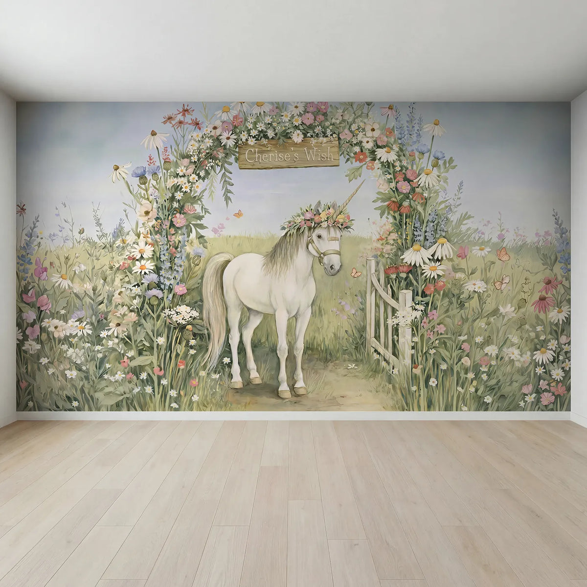 Full view of Unicorn Flower Crown Personalized Wall Mural by Whimsy Tots