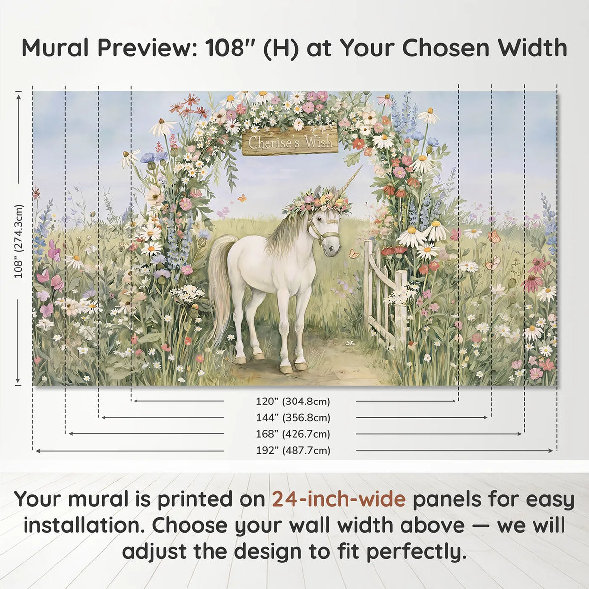 Panel layout and dimensions for Unicorn Flower Crown Personalized Wall Mural by Whimsy Tots