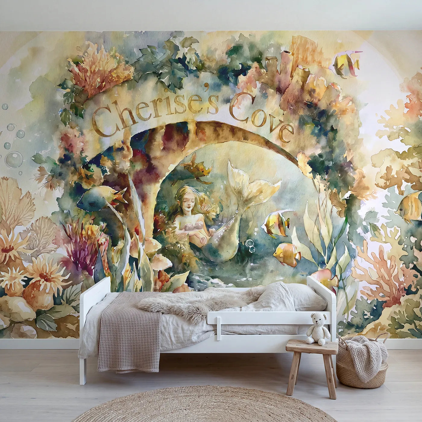 Detailed Watercolor mermaid coral garden personalized wall mural with personalized name for a kids room by Whimsy Tots