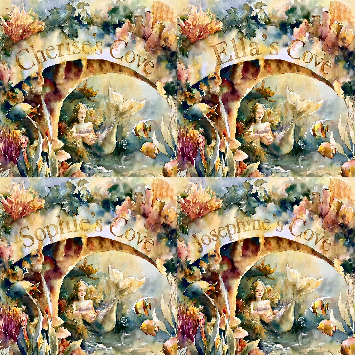 Four name preview examples of Mermaid Coral Garden Personalized Wall Mural by Whimsy Tots