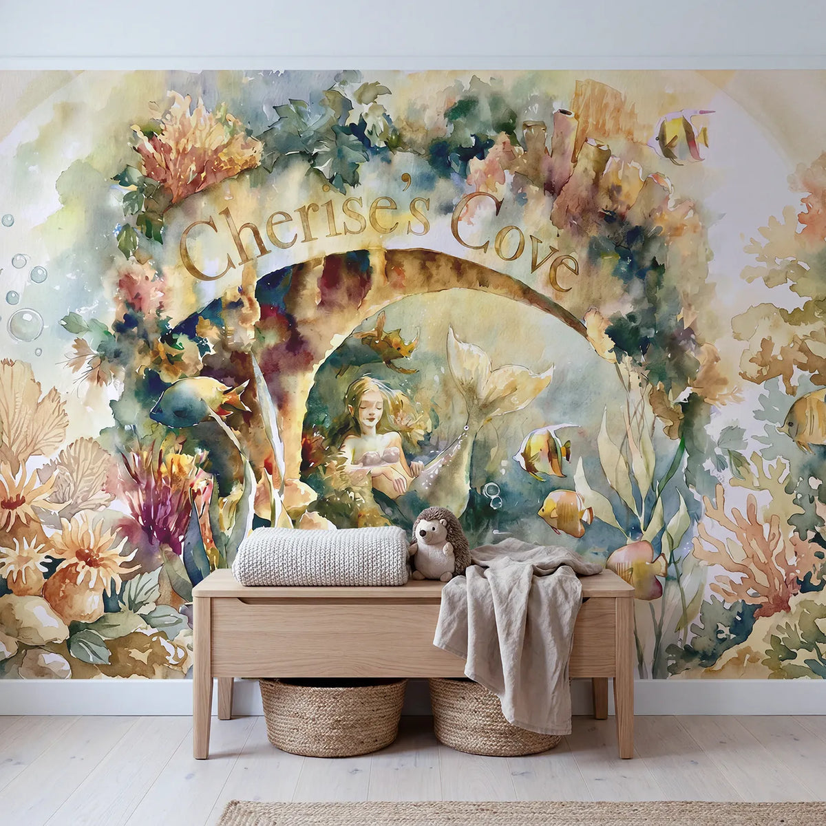 Mermaid Coral Garden Personalized Wall Mural in playroom setting by Whimsy Tots