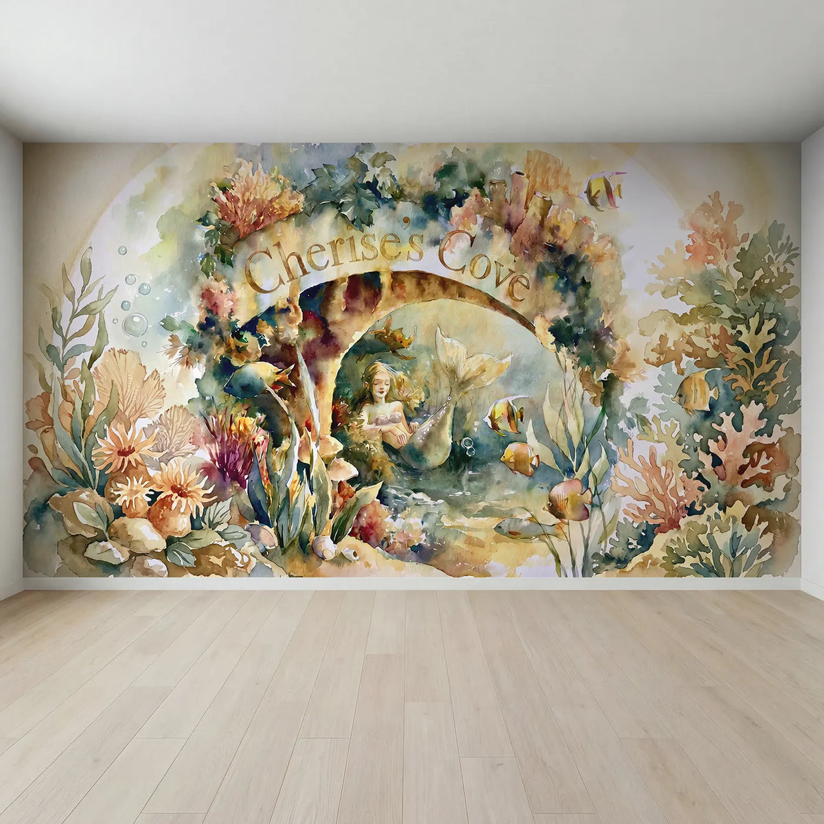 Full view of Mermaid Coral Garden Personalized Wall Mural by Whimsy Tots