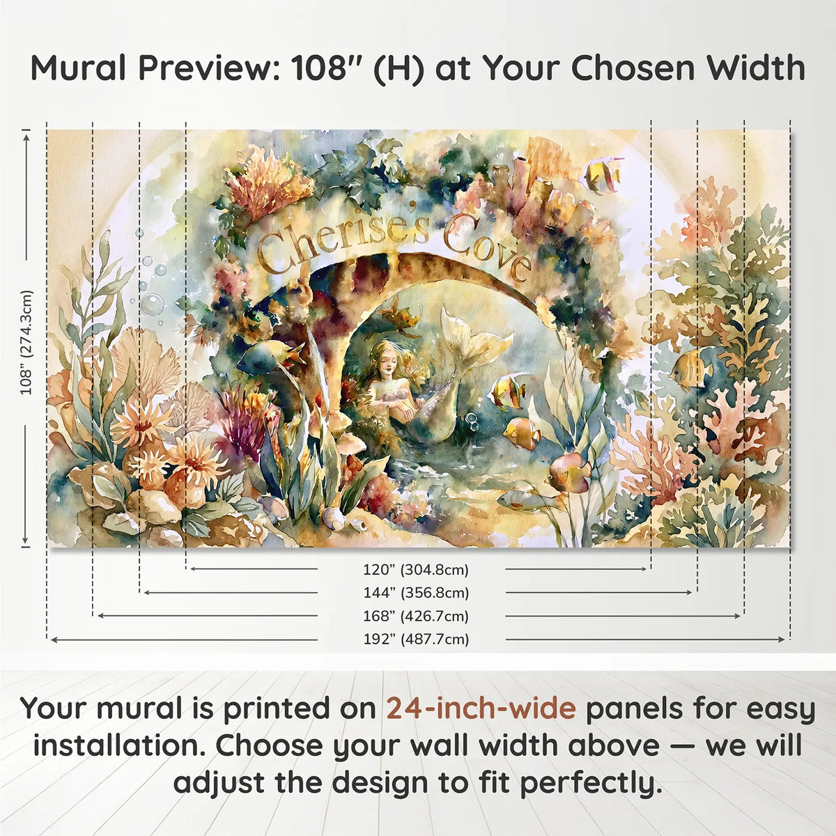 Panel layout and dimensions for Mermaid Coral Garden Personalized Wall Mural by Whimsy Tots