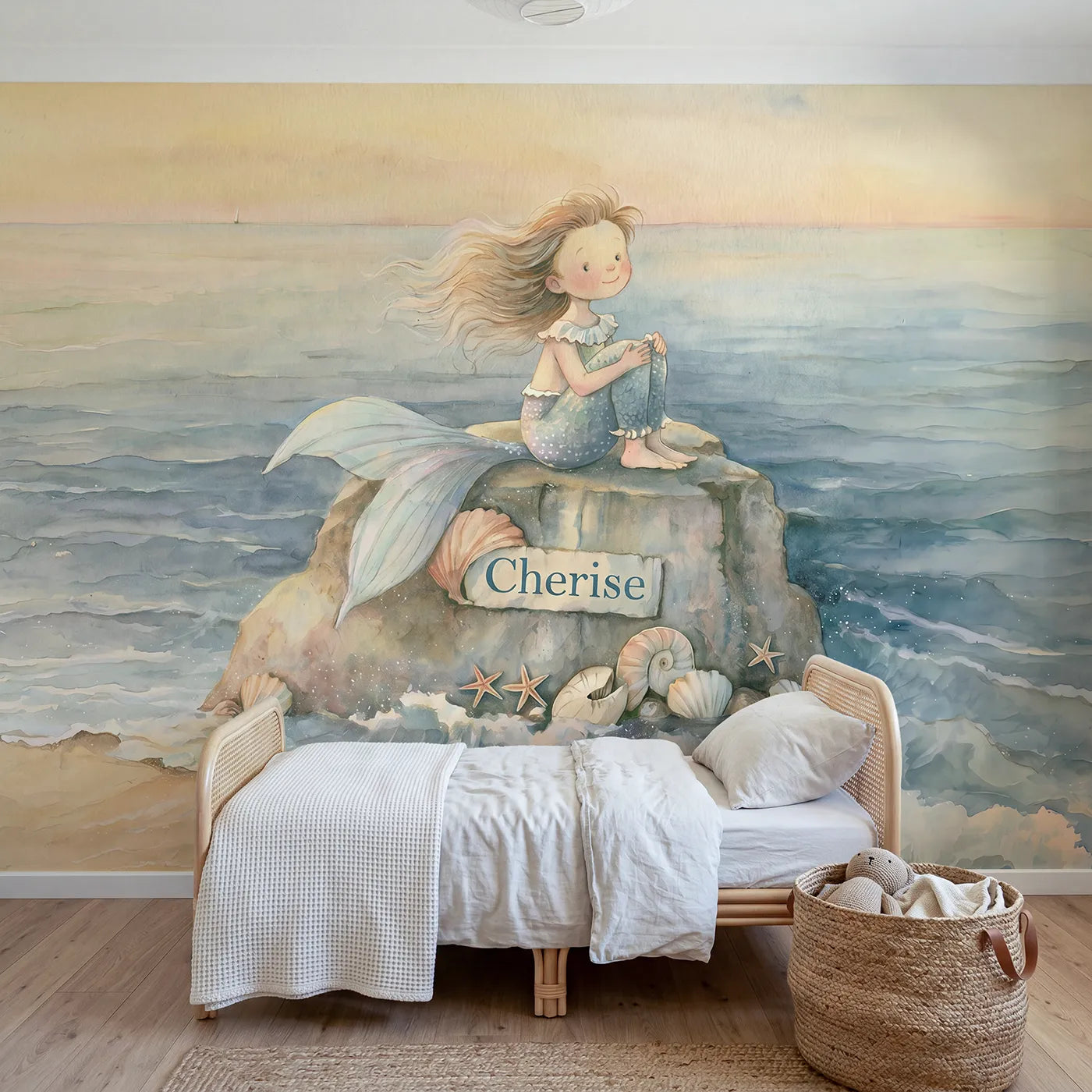 Storybook friendly seaside mermaid personalized wall mural with personalized name for a kids room by Whimsy Tots