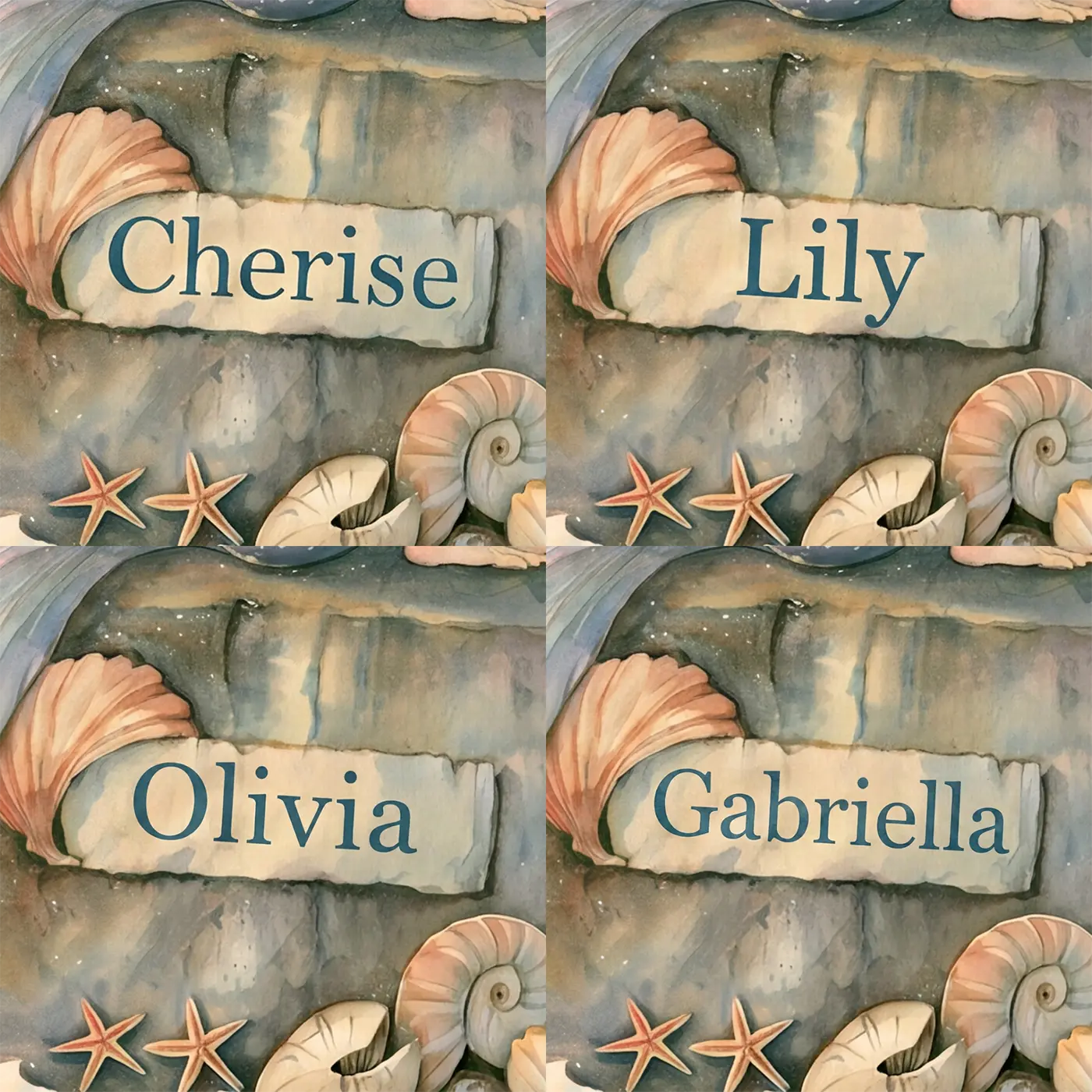Four name preview examples of Friendly Seaside Mermaid Personalized Wall Mural by Whimsy Tots