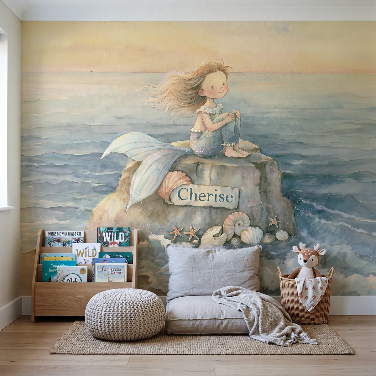 Friendly Seaside Mermaid Personalized Wall Mural in playroom setting by Whimsy Tots