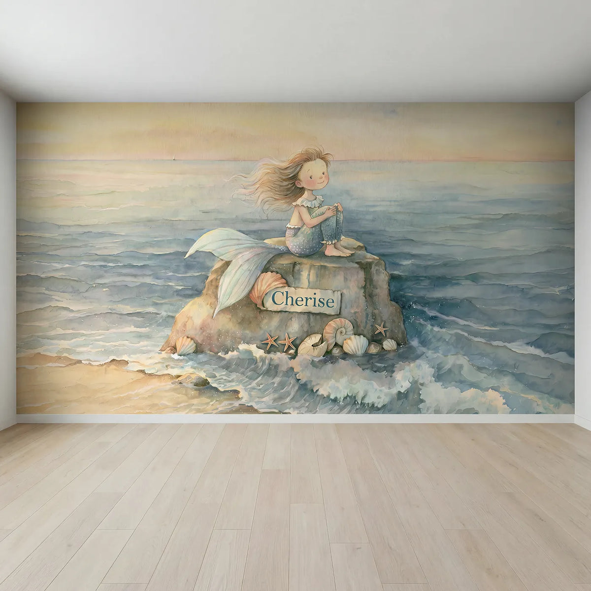 Full view of Friendly Seaside Mermaid Personalized Wall Mural by Whimsy Tots