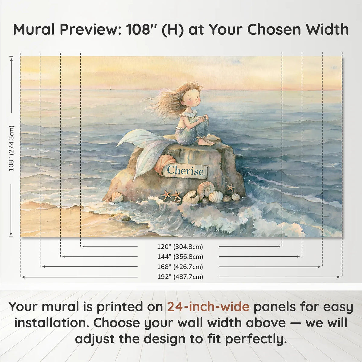 Panel layout and dimensions for Friendly Seaside Mermaid Personalized Wall Mural by Whimsy Tots