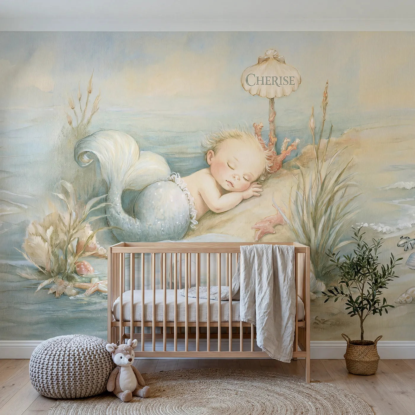 Colored Pencil baby mermaid pearl personalized wall mural with personalized name for a kids room by Whimsy Tots