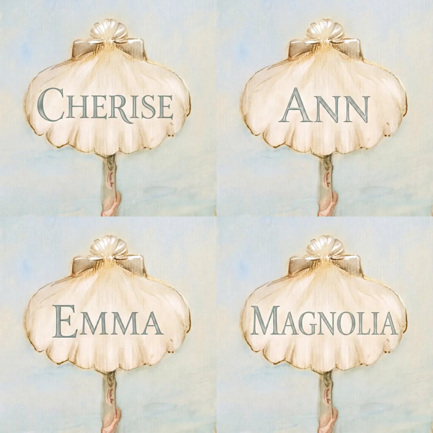 Four name preview examples of Baby Mermaid Pearl Personalized Wall Mural by Whimsy Tots