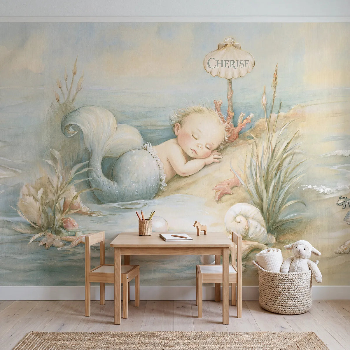 Baby Mermaid Pearl Personalized Wall Mural in playroom setting by Whimsy Tots