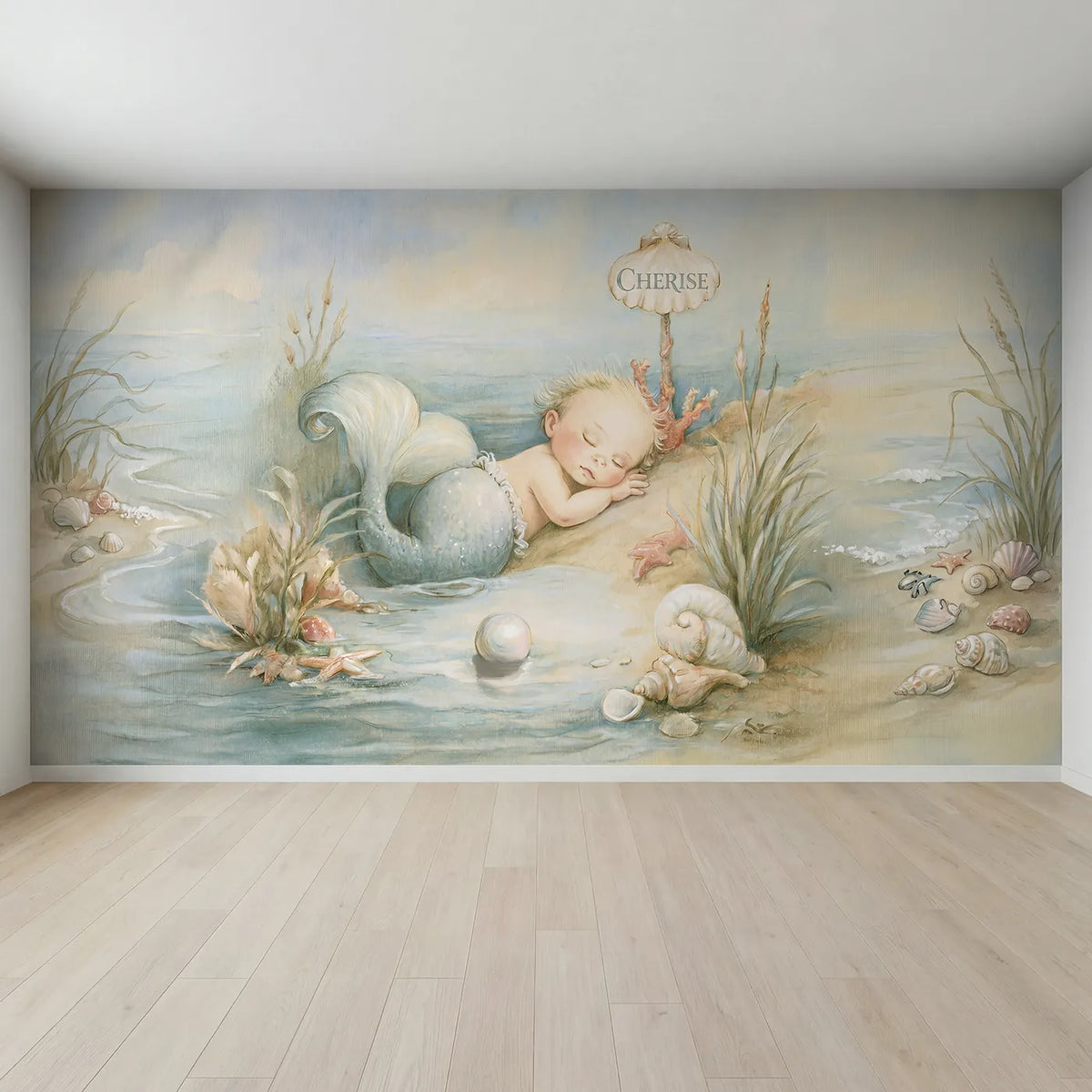 Full view of Baby Mermaid Pearl Personalized Wall Mural by Whimsy Tots