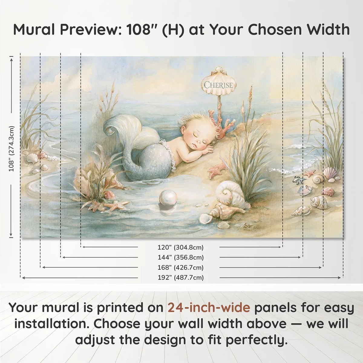 Panel layout and dimensions for Baby Mermaid Pearl Personalized Wall Mural by Whimsy Tots