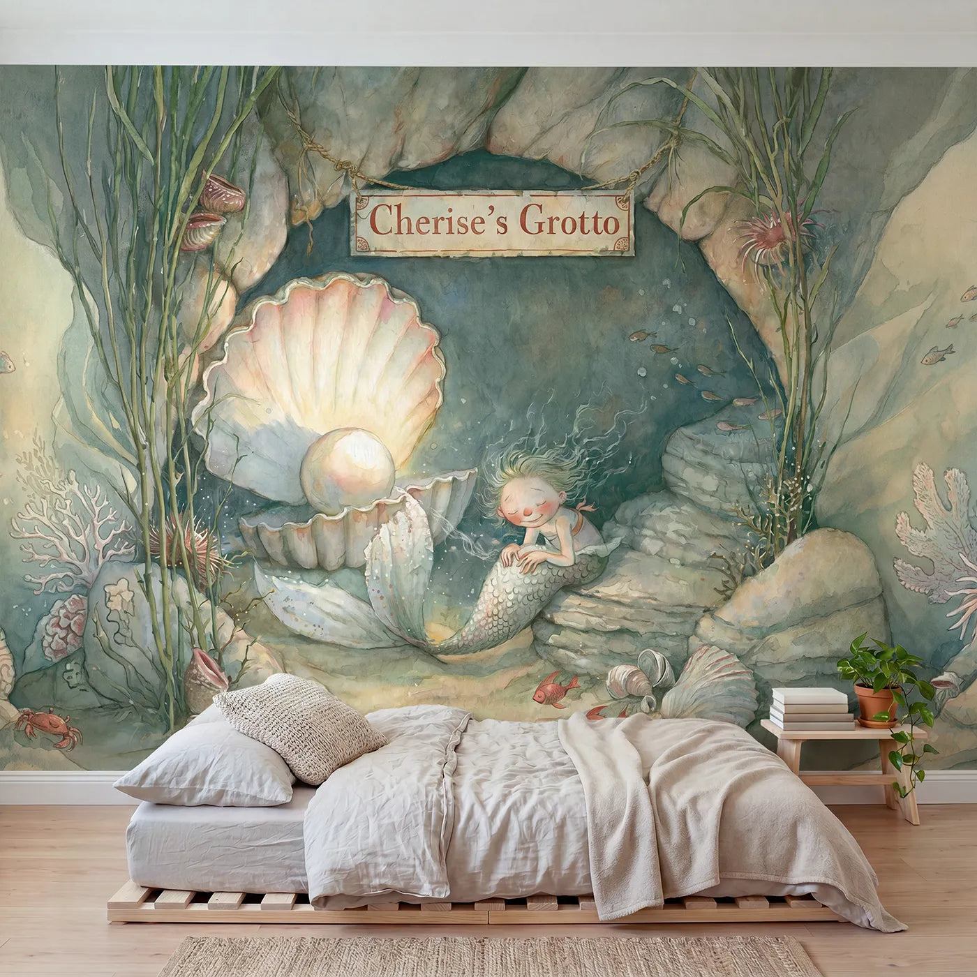 Detailed Watercolor mermaid pearl grotto personalized wall mural with personalized name for a kids room by Whimsy Tots