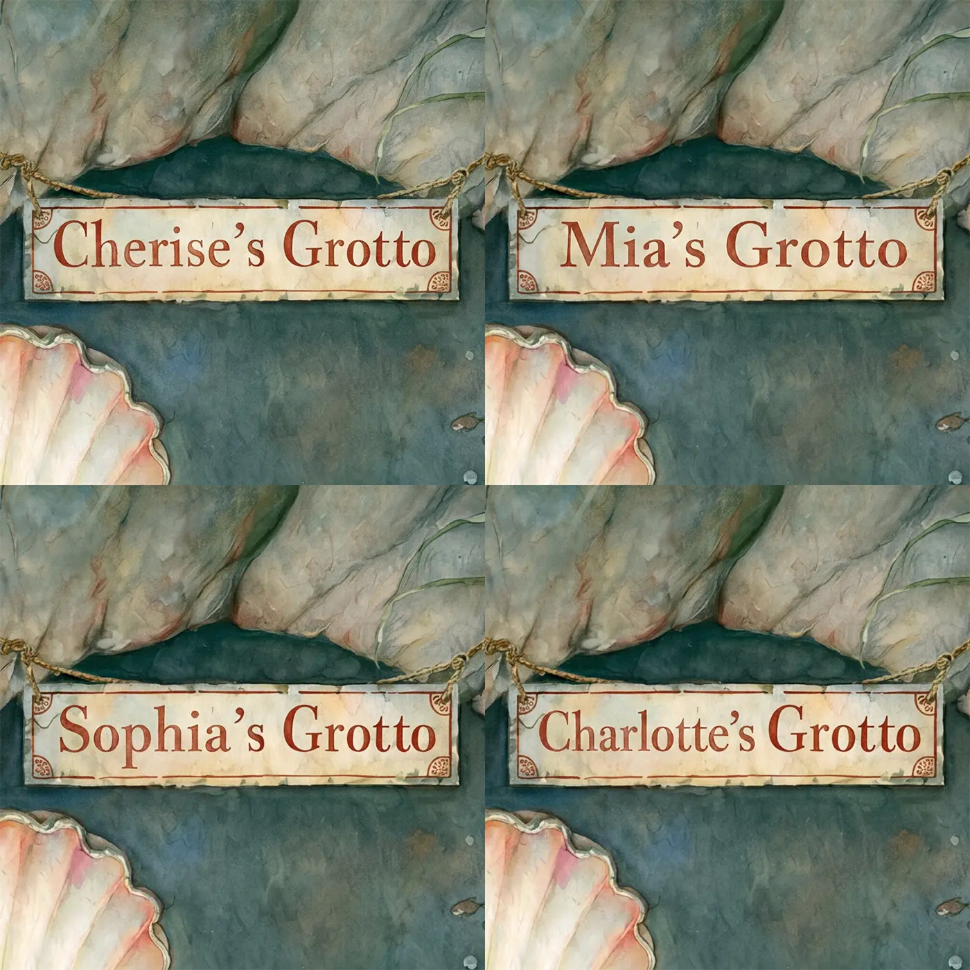 Four name preview examples of Mermaid Pearl Grotto Personalized Wall Mural by Whimsy Tots