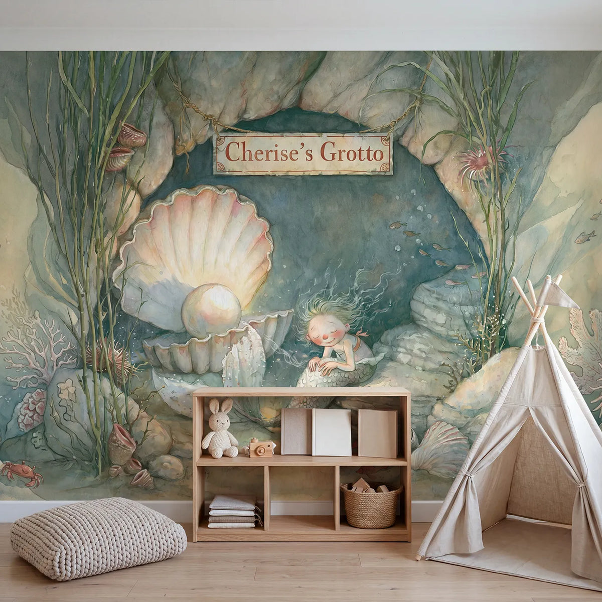 Mermaid Pearl Grotto Personalized Wall Mural in playroom setting by Whimsy Tots