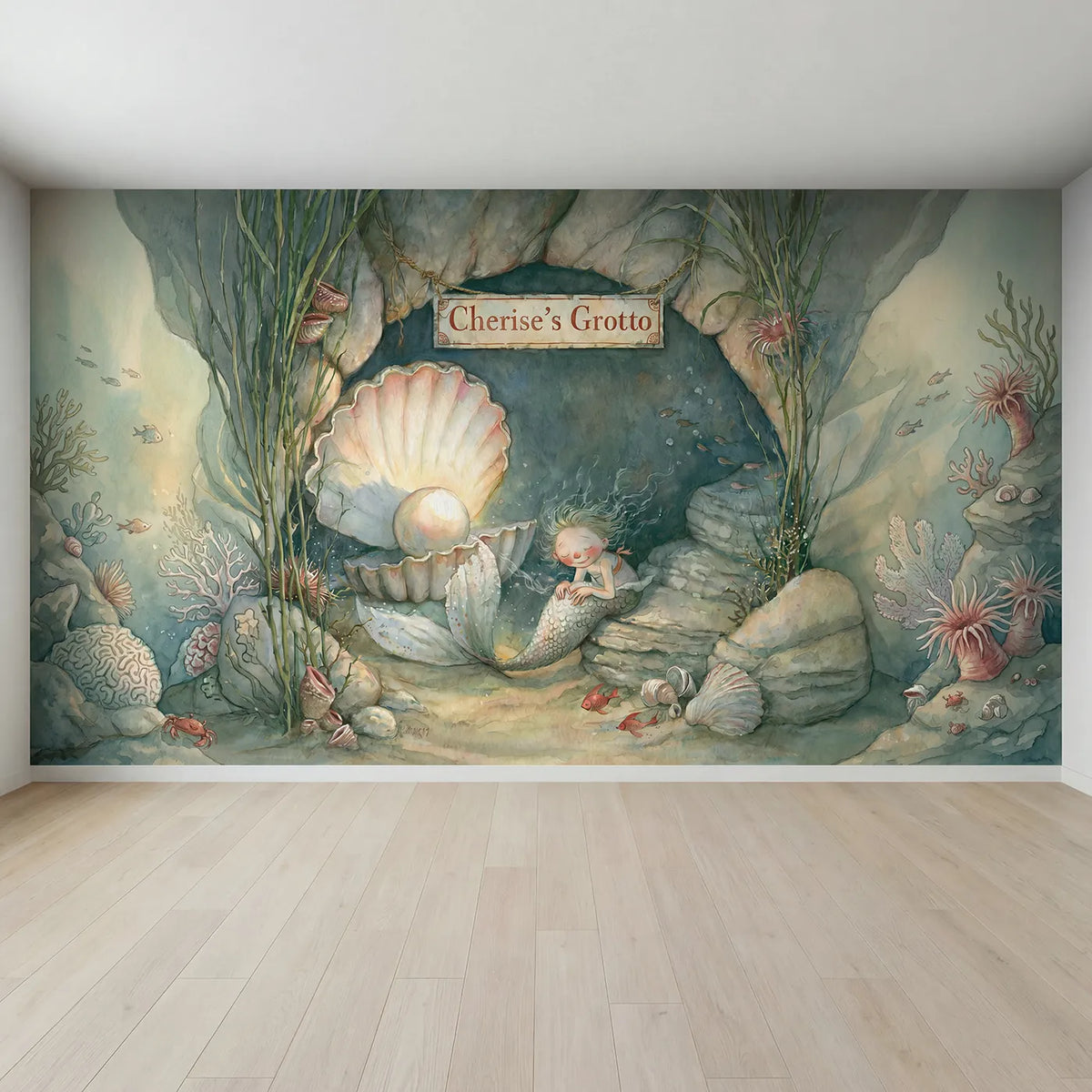Full view of Mermaid Pearl Grotto Personalized Wall Mural by Whimsy Tots