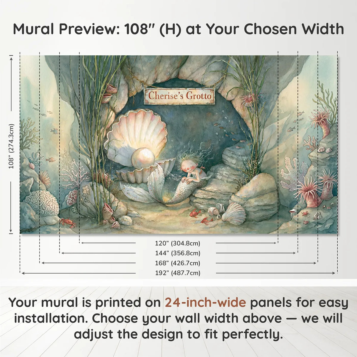 Panel layout and dimensions for Mermaid Pearl Grotto Personalized Wall Mural by Whimsy Tots
