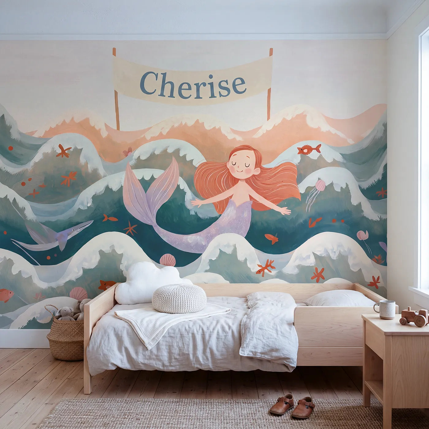 Gouache cheerful folk mermaid personalized wall mural with personalized name for a kids room by Whimsy Tots