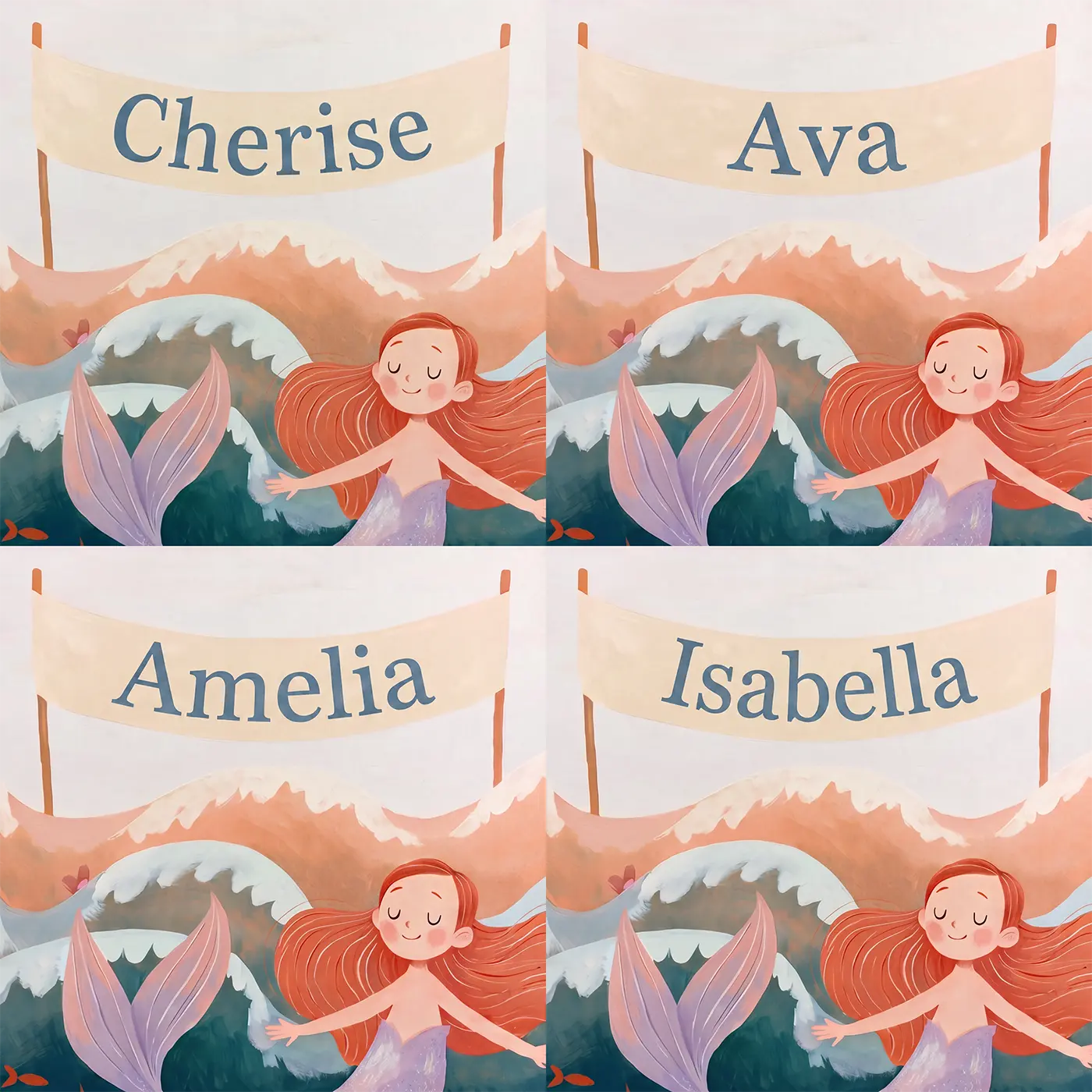 Four name preview examples of Cheerful Folk Mermaid Personalized Wall Mural by Whimsy Tots
